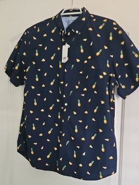 Banana Republic Navy Pineapple Print Short Sleeve Button-Down Shirt